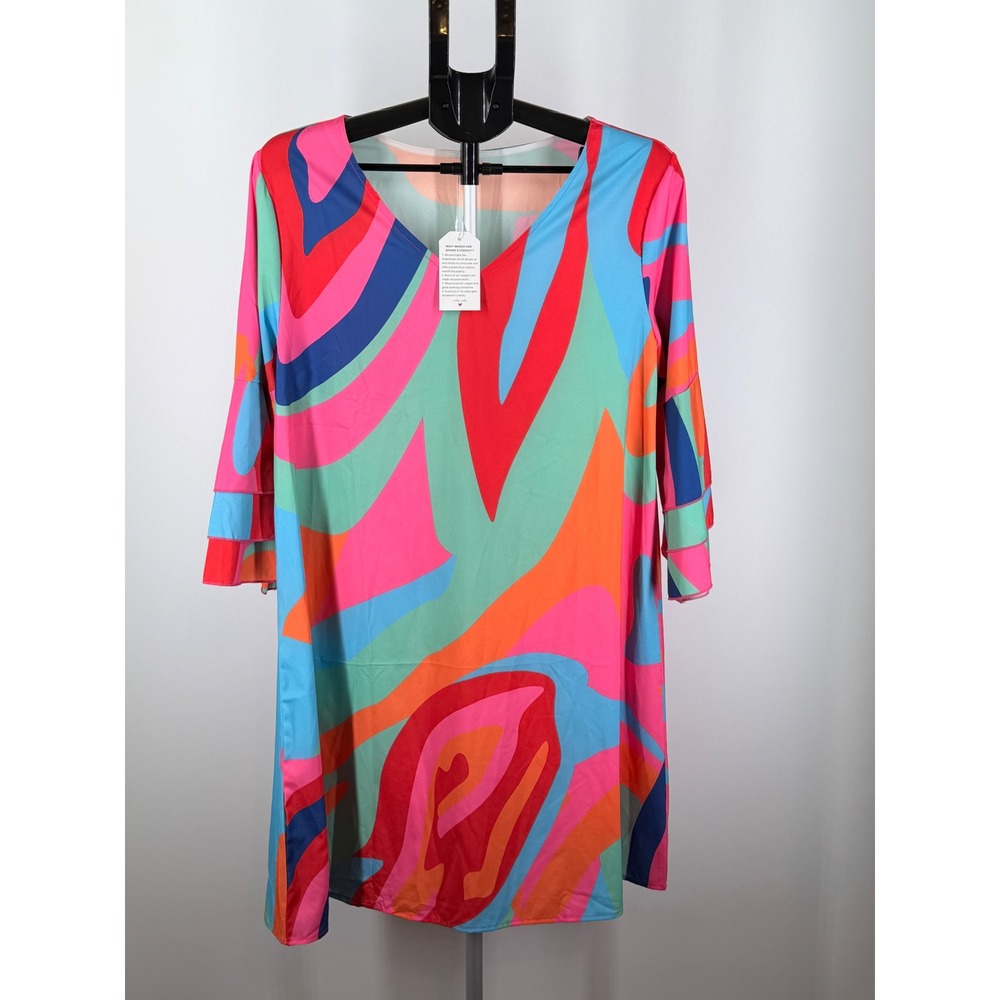 Abstract Psychedelic Print V-Neck Bell Sleeve‎ Mini Dress XL Multi-Color